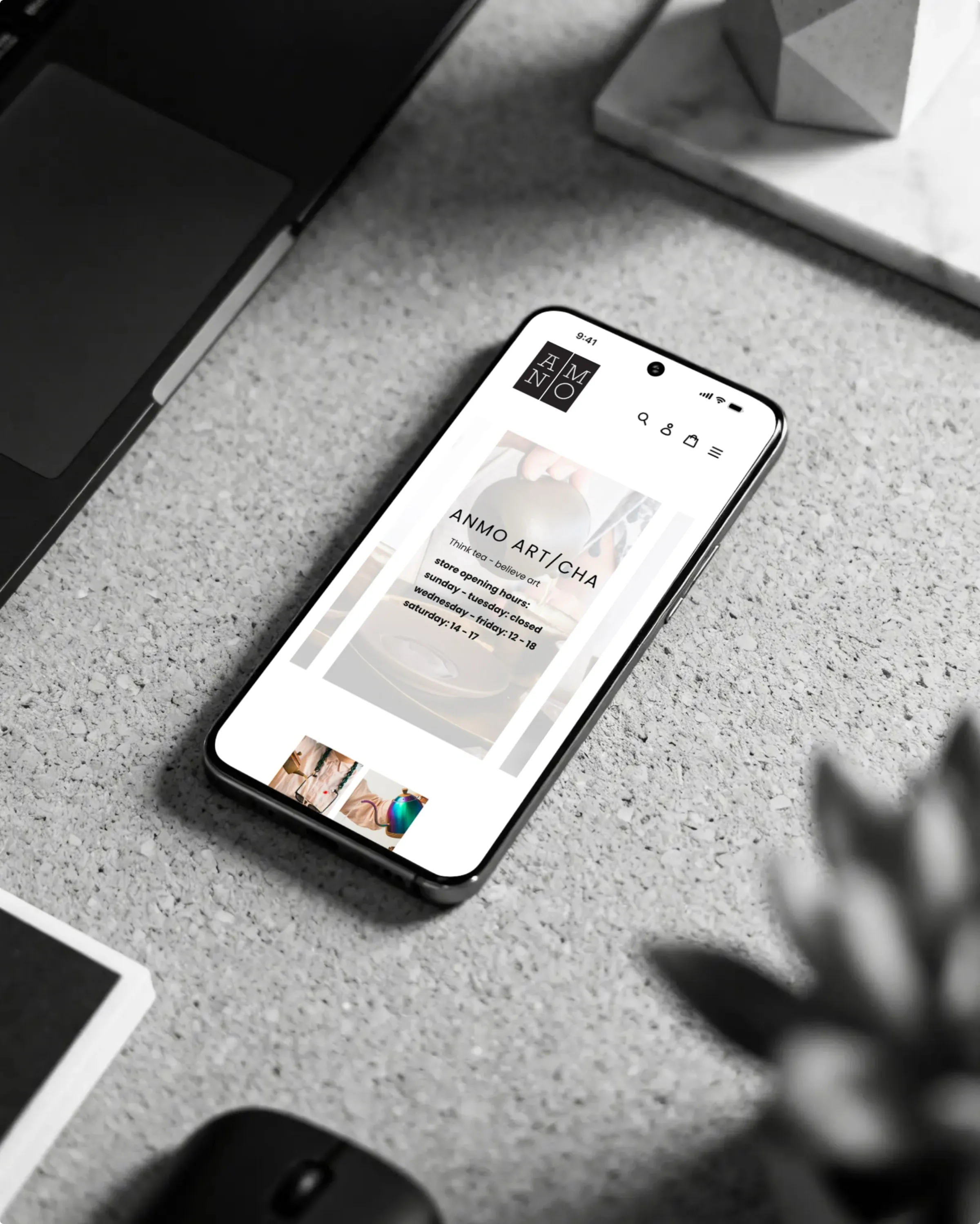 Screenshot des Shopify-Shops von Anmo art/cha mit einer Auswahl an Teeprodukten und Galeriebildern.