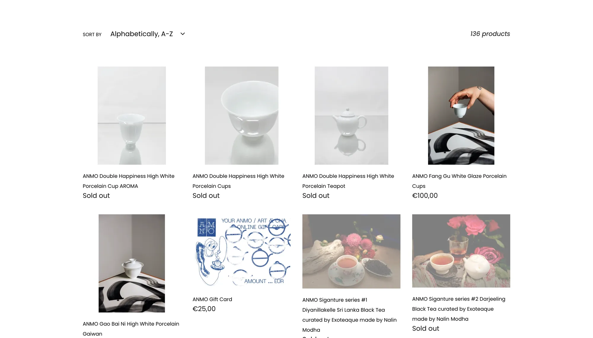 Kategorieseite mit 136 Produkten, alphabetisch sortiert. Mehrere Porzellanartikel und Tees sind als ausverkauft markiert und bleiben neben den verfügbaren Produkten gelistet.